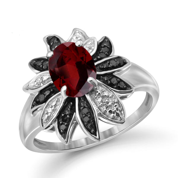 JewelonFire 1 1/2 Carat T.G.W. Garnet And 1/10 Carat T.W. Black & White Diamond Sterling Silver Ring - Assorted Colors