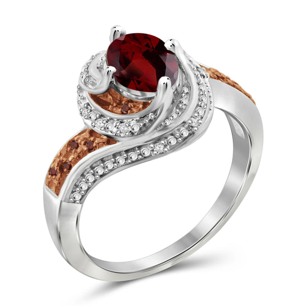 JewelonFire 1 1/2 Carat T.G.W. Garnet And 1/10 Carat T.W. Red & White Diamond Sterling Silver Ring - Assorted Colors