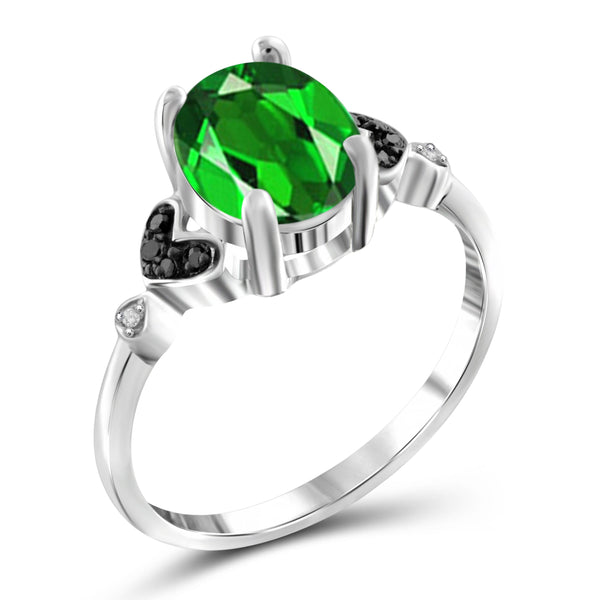 JewelonFire 1.50 Carat T.G.W. Chrome Diopside and 1/20 ctw Black & White Diamond Diamond Sterling Silver Ring - Assorted Colors