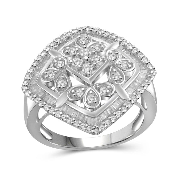 JewelonFire 1 Carat T.W. White Diamond Sterling Silver Ornate Square Cocktail Ring