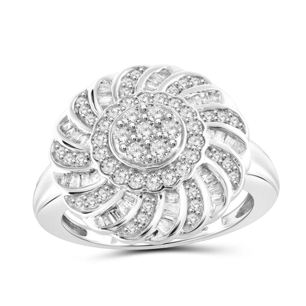 JewelonFire 1 Carat T.W. White Diamond Sterling Silver Floral Ring