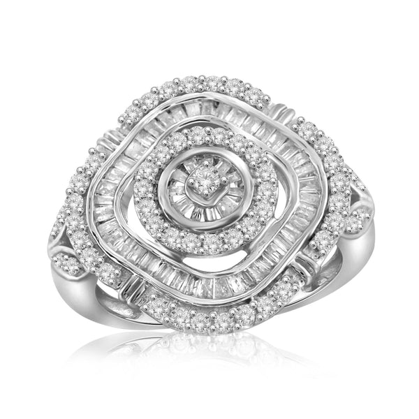 JewelonFire 1 Carat T.W. White Diamond Sterling Silver Ornate Multi-Halo Ring