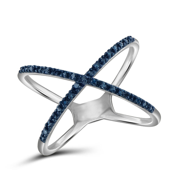 JewelonFire 1/10 CTW Blue Diamond Sterling Silver "X" Ring
