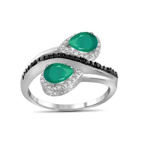 JewelonFire 1.20 Carat T.G.W. Emerald And 1/20 Carat T.W. Black & White Diamond Sterling Silver Ring - Assorted Colors