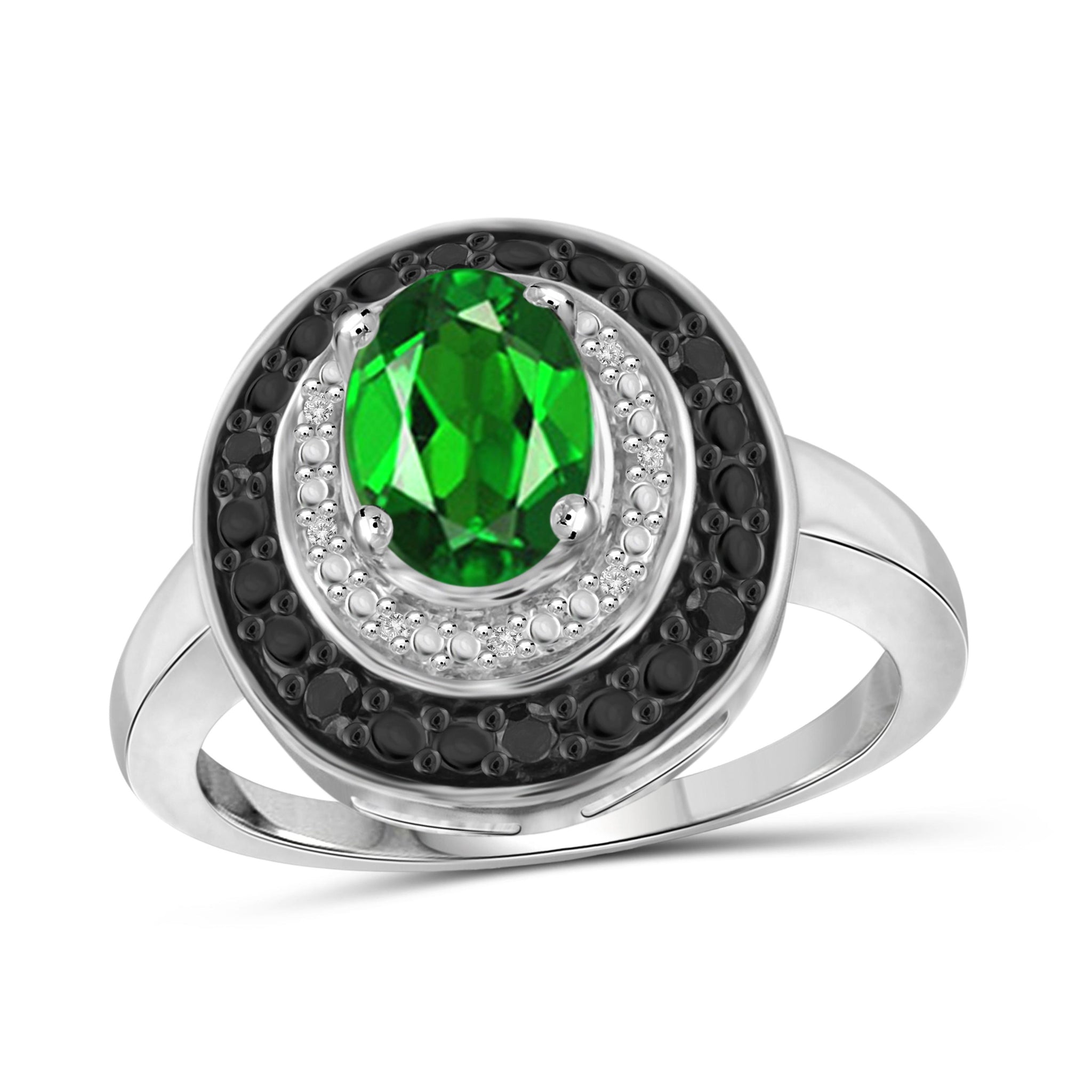 JewelonFire 1.15 Carat T.G.W. Chrome Diopside and 1/7 CTW. Black and White Diamond Sterling Silver Ring - Assorted Colors